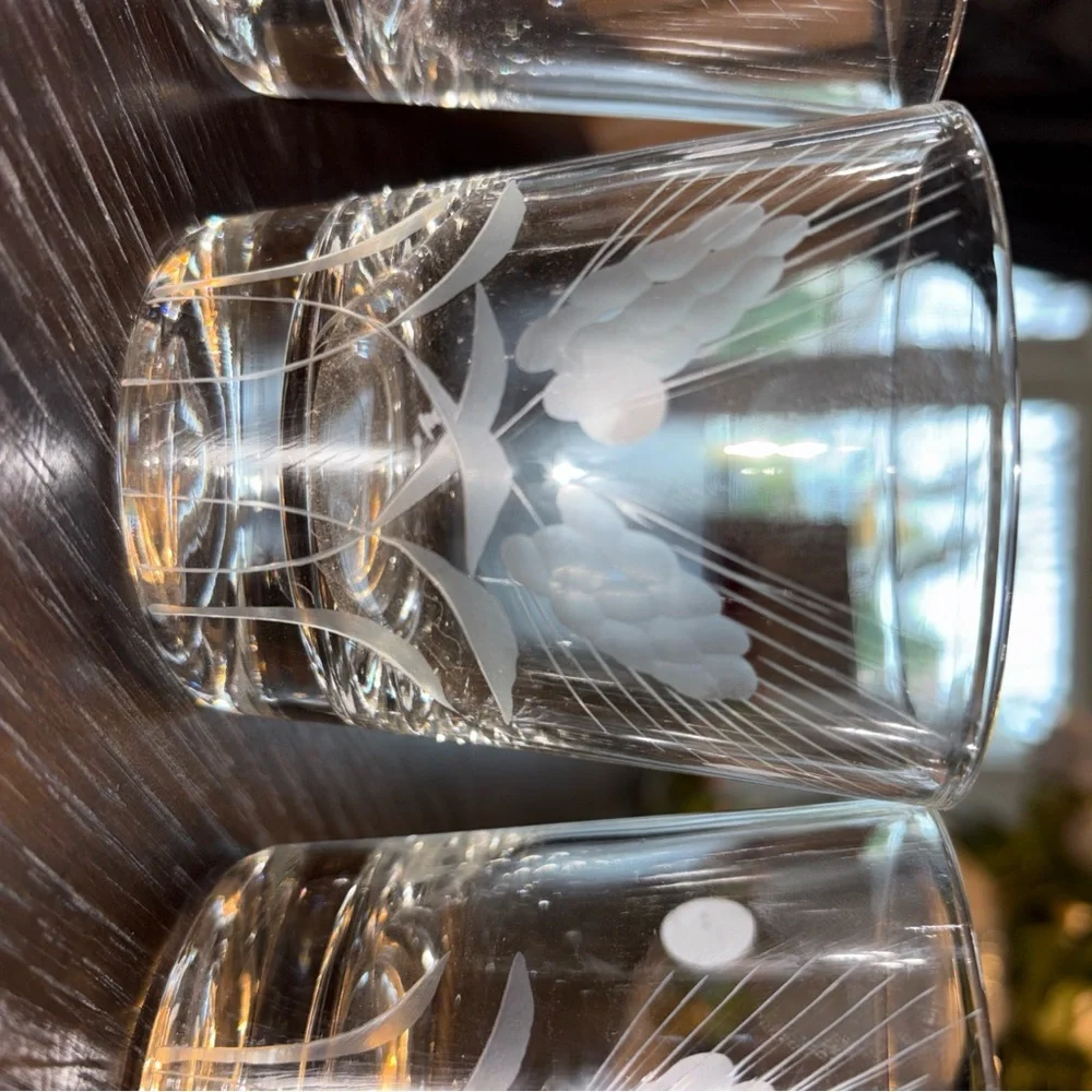 Vintage Wheat Etched Floral Clear Old Fashioned Glass Tumblers by Javit Set of 3
